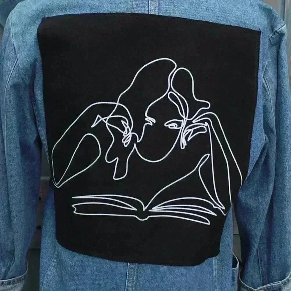 Upcycled Denim Jacket Woman Reading Book Back Patch Vintage Jean Blazer Small - Picture 8 of 9